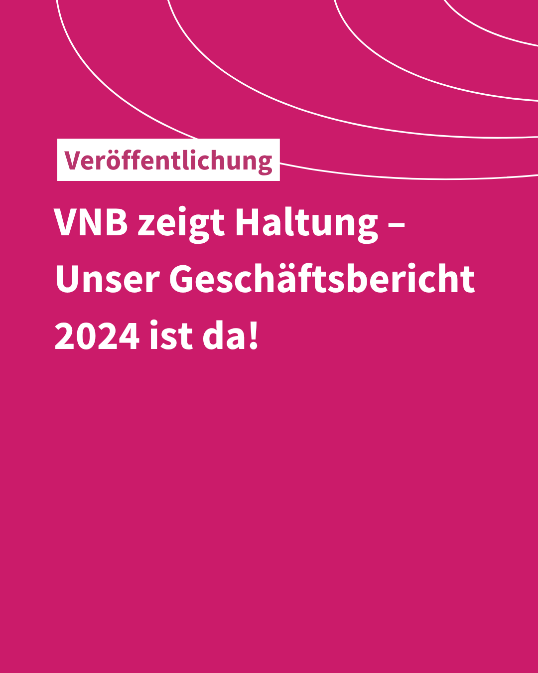 Rosa Hintergrund mit weißem Text 'Veröffentlichung VNB zeigt Haltung – Unser Geschäftsbericht 2024 ist da!' und weißen Linien oben rechts