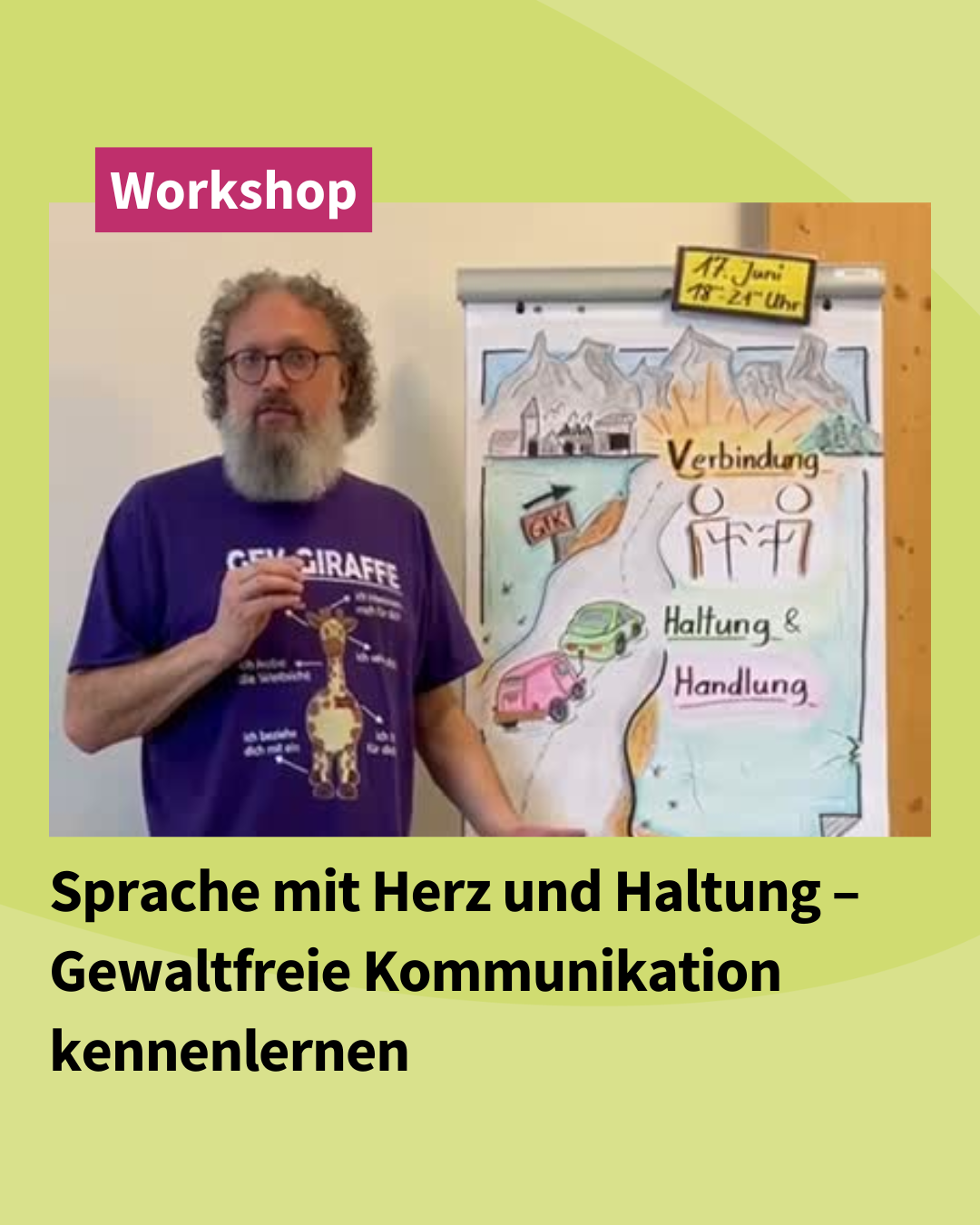 Mann mit Brille und grauem Bart erklärt in Workshop zur Gewaltfreien Kommunikation vor Flipchart mit Zeichnungen und den Worten 'Verbindung', 'Haltung & Handlung'
