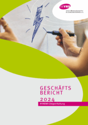 Cover des Geschäftsberichts 2024 des VNB mit abstraktem Design in Pink und Grün und einer Hand, die mit einem Marker auf Papier zeichnet.