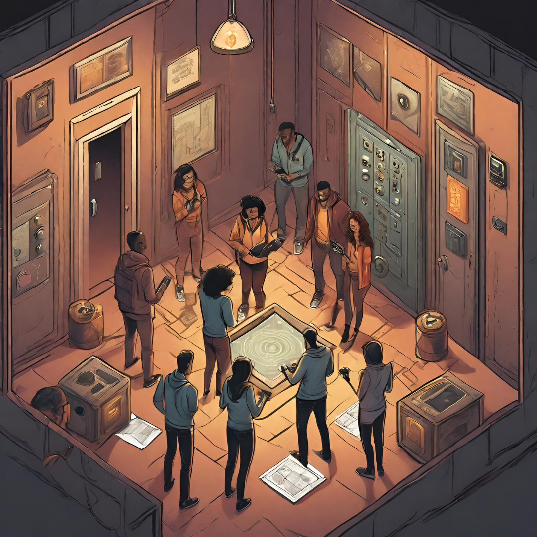 KI-generiertes Bild von Menschen, die in einem Escape Room stehen