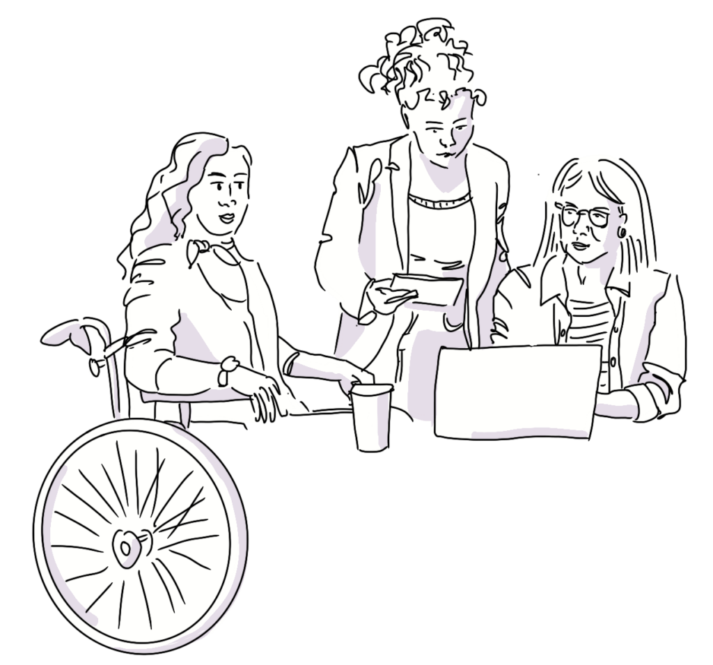 Bild von drei Frauen um einen Laptop 