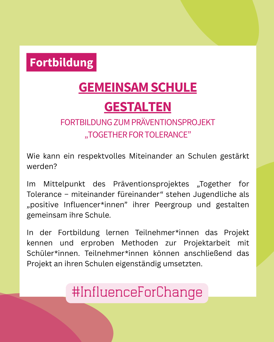 Gemeinsam Schule gestalten – Fortbildung zum Präventionsprojekt „Together for Tolerance”