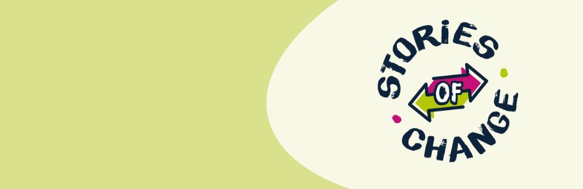 Stories for Change Text auf grünem Hintergrund mit der Überschrift 'Neues VNB-Projekt' und dem Titel 'STORIES OF CHANGE – VON WIDERSTANDSFÄHIGKEIT UND ENGAGEMENT FÜR EINE GERECHTE WELT'
