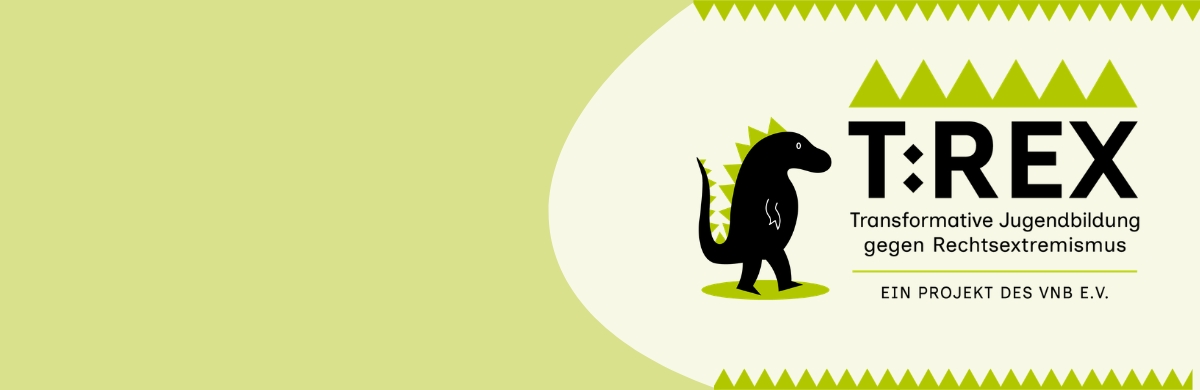 Schwarz-weiße Illustration eines T-Rex mit grünem Hintergrund und dem Text 'T:REX Transformative Jugendbildung gegen Rechtsextremismus EIN PROJEKT DES VNB E.V.'