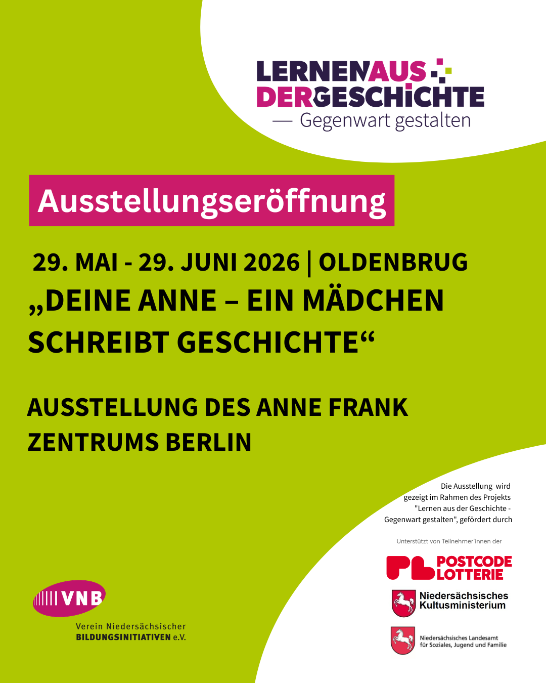 Ausstellung „Deine Anne – Ein Mädchen schreibt Geschichte“ vom 29. Mai bis 29. Juni 2026 in Oldenburg