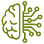 Grünes Piktogramm eines stilisierten Gehirns mit digitalem Netz auf der linken Seite
