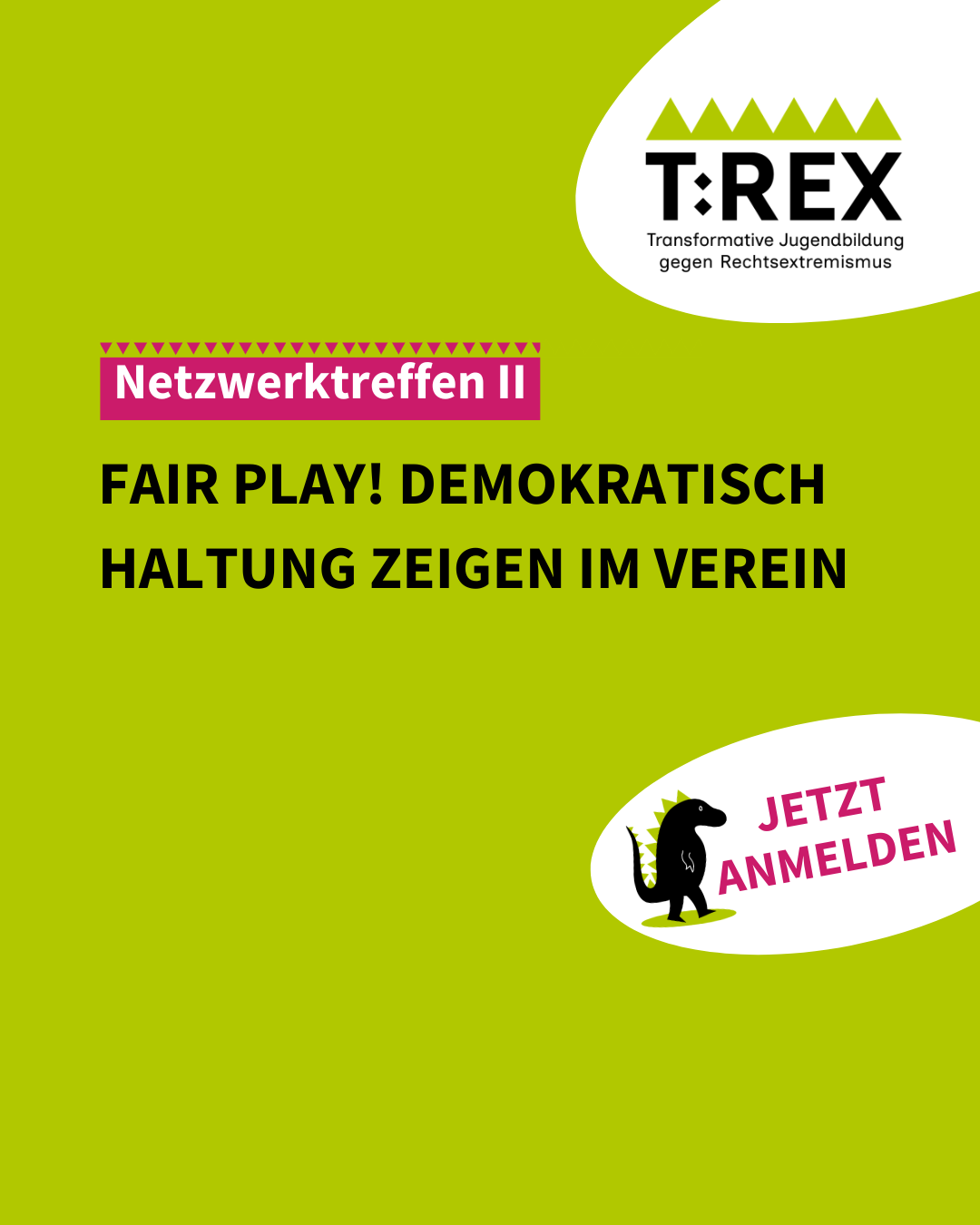 Textkachelposting zum Netzwerktreffen II: Fair Play! Demokratisch Haltung zeigen im Verein – Alle Infos im Begleittext.