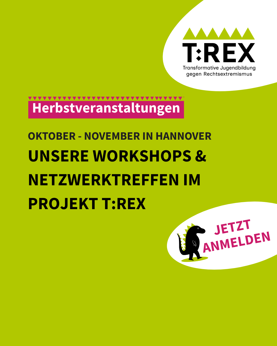 Unsere Herbst-Veranstaltungen aus dem Projekt „T:REX_Transformative Jugendbildung gegen Rechtsextremismus sind da – Jetzt anmelden! Alle Infos im Begleittext.