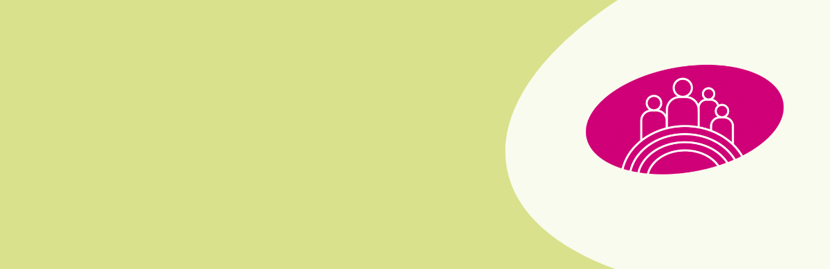 Abstrakte Grafik mit einer Gruppe stilisierter Figuren in einem pinkfarbenen Oval auf hellem Hintergrund